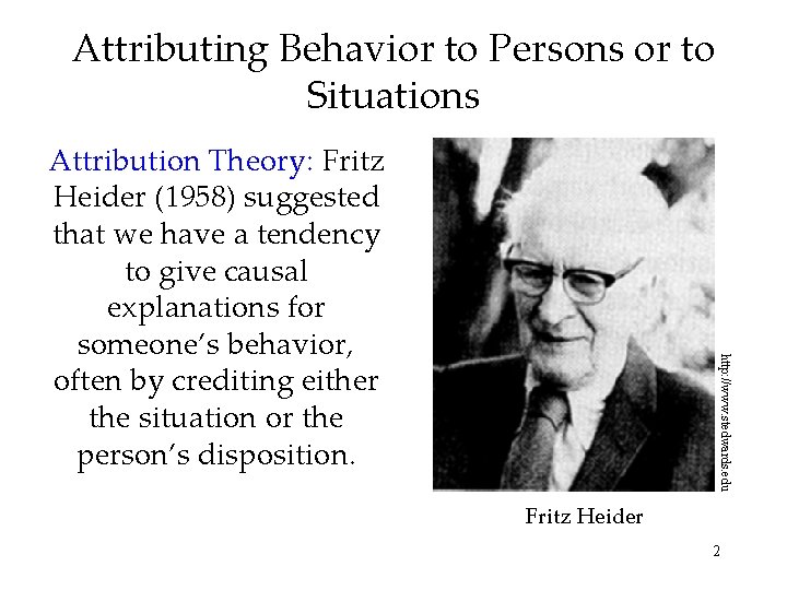 Attributing Behavior to Persons or to Situations http: //www. stedwards. edu Attribution Theory: Fritz