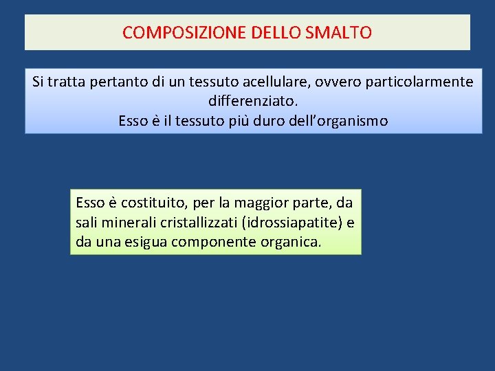 COMPOSIZIONE DELLO SMALTO Si tratta pertanto di un tessuto acellulare, ovvero particolarmente differenziato. Esso COMPOSIZIONE DELLO SMALTO Si tratta pertanto di un tessuto acellulare, ovvero particolarmente differenziato. Esso