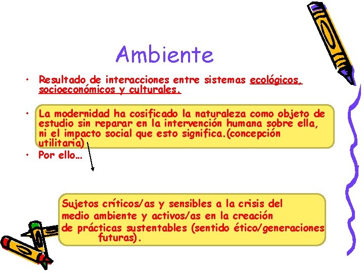 Ambiente • Resultado de interacciones entre sistemas ecológicos, socioeconómicos y culturales. • La modernidad