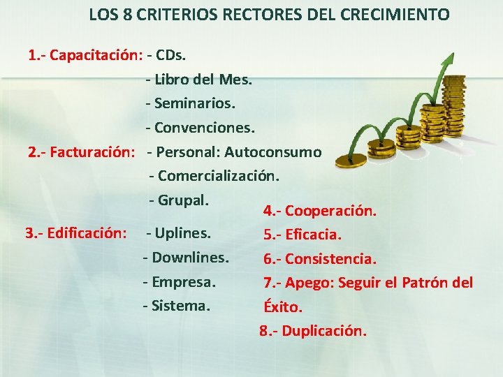 LOS 8 CRITERIOS RECTORES DEL CRECIMIENTO 1. - Capacitación: - CDs. - Libro del