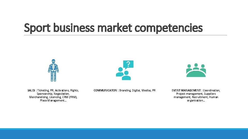 Sport business market competencies SALES : Ticketing, PR, Activations, Rights, Sponsorship, Negociation, Merchandising, Licencing,