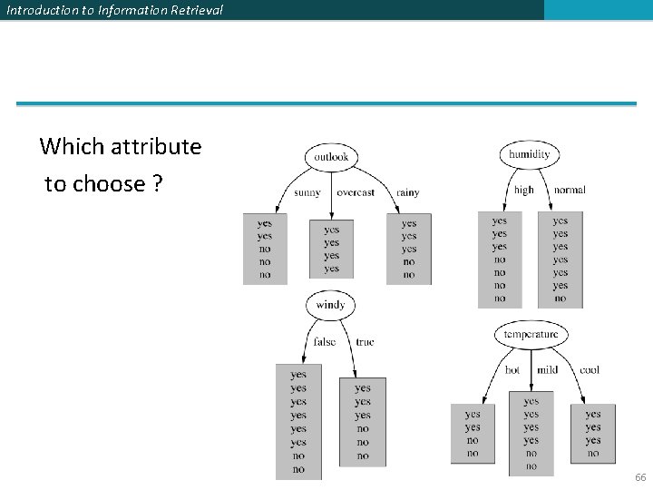 Introduction to Information Retrieval Which attribute to choose ? 66 