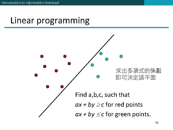 Introduction to Information Retrieval Linear programming 求出多項式的係數 即可決定該平面 Find a, b, c, such that
