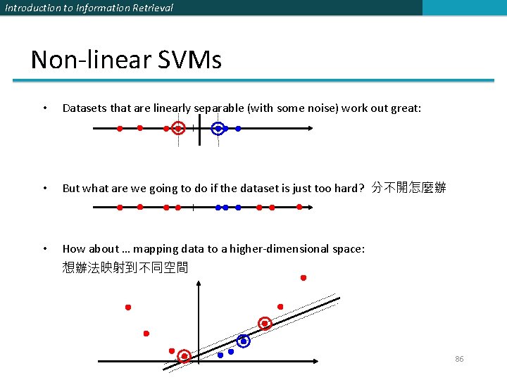 Introduction to Information Retrieval Non-linear SVMs • Datasets that are linearly separable (with some