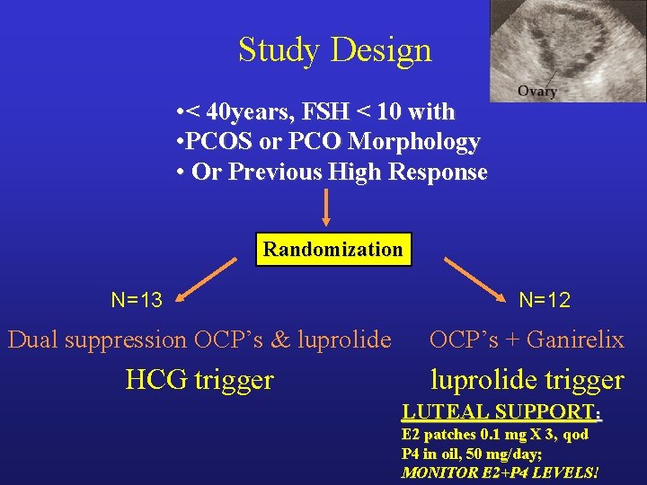 Study Design • < 40 years, FSH < 10 with • PCOS or PCO