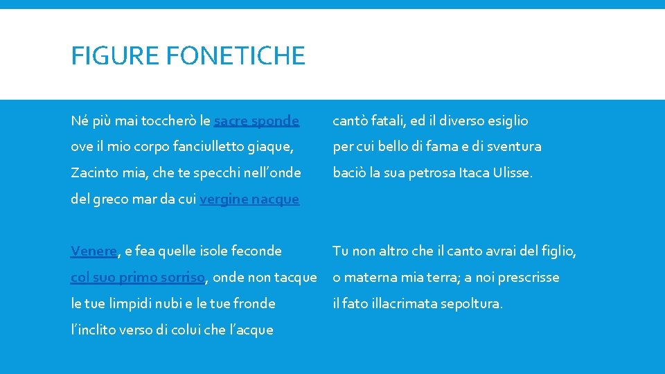 FIGURE FONETICHE Né più mai toccherò le sacre sponde cantò fatali, ed il diverso