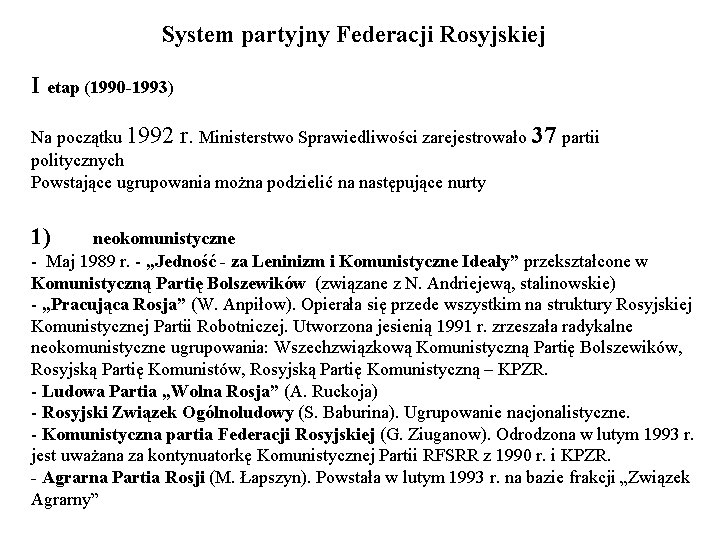 System partyjny Federacji Rosyjskiej I etap (1990 -1993) Na początku 1992 r. Ministerstwo Sprawiedliwości