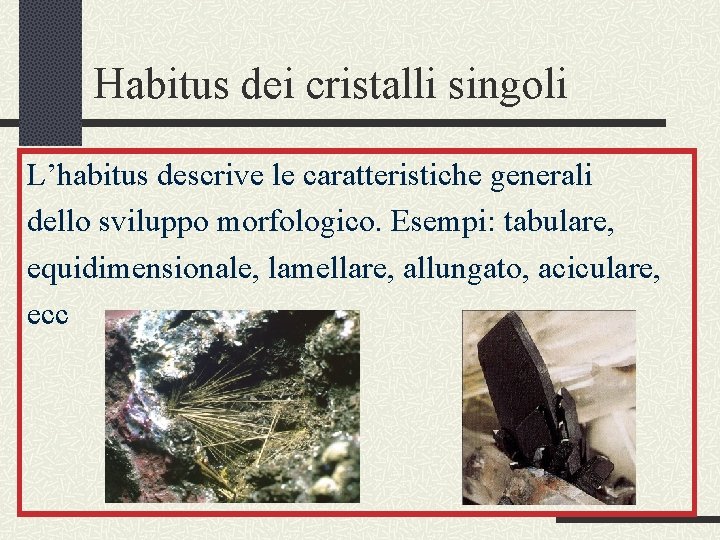 Habitus dei cristalli singoli L’habitus descrive le caratteristiche generali dello sviluppo morfologico. Esempi: tabulare,