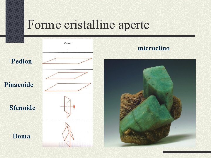 Forme cristalline aperte microclino Pedion Pinacoide Sfenoide Doma 