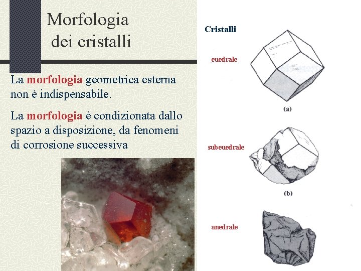 Morfologia dei cristalli Cristalli euedrale La morfologia geometrica esterna non è indispensabile. La morfologia