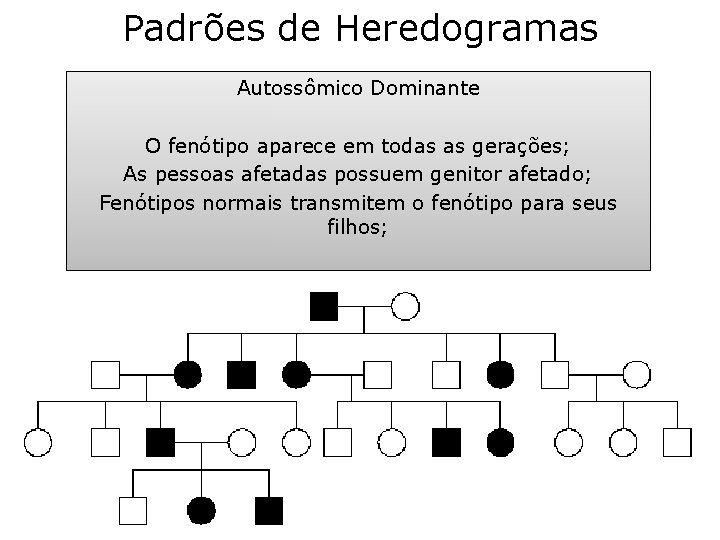 Padrões de Heredogramas Autossômico Dominante O fenótipo aparece em todas as gerações; As pessoas Padrões de Heredogramas Autossômico Dominante O fenótipo aparece em todas as gerações; As pessoas
