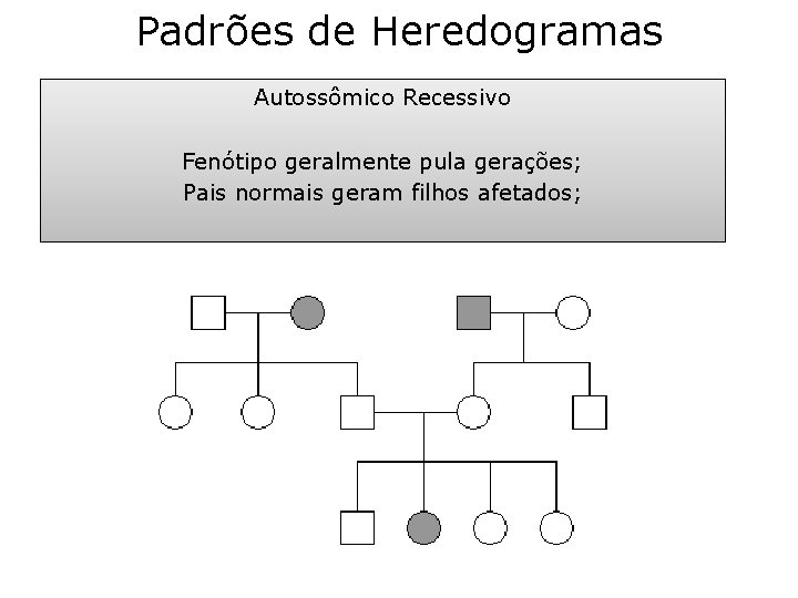 Padrões de Heredogramas Autossômico Recessivo Fenótipo geralmente pula gerações; Pais normais geram filhos afetados; Padrões de Heredogramas Autossômico Recessivo Fenótipo geralmente pula gerações; Pais normais geram filhos afetados;