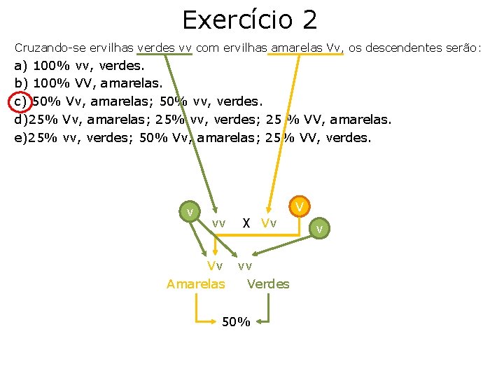 Exercício 2 Cruzando-se ervilhas verdes vv com ervilhas amarelas Vv, os descendentes serão: a) Exercício 2 Cruzando-se ervilhas verdes vv com ervilhas amarelas Vv, os descendentes serão: a)