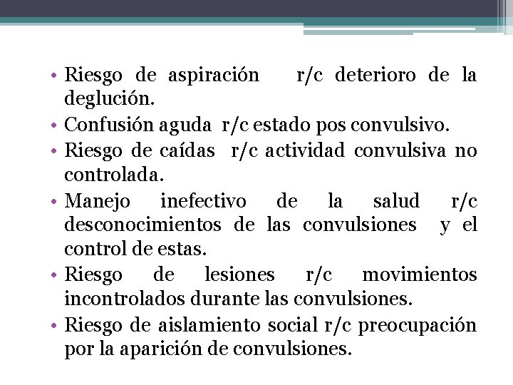 • Riesgo de aspiración r/c deterioro de la deglución. • Confusión aguda r/c • Riesgo de aspiración r/c deterioro de la deglución. • Confusión aguda r/c