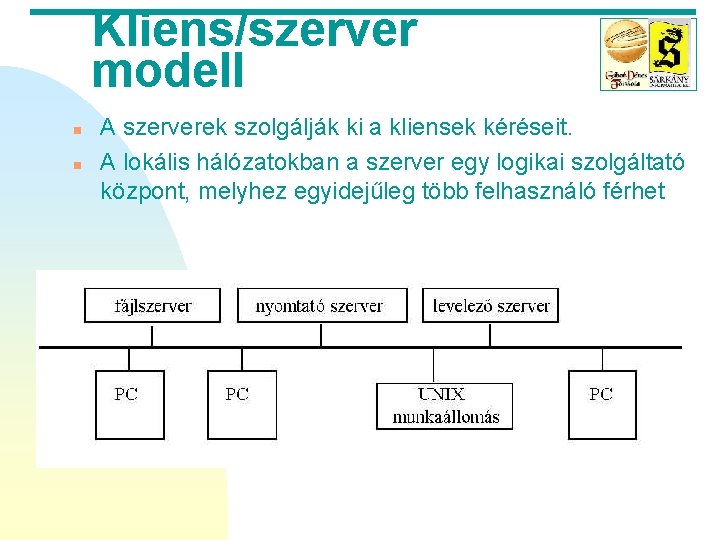 Kliens/szerver modell n n A szerverek szolgálják ki a kliensek kéréseit. A lokális hálózatokban