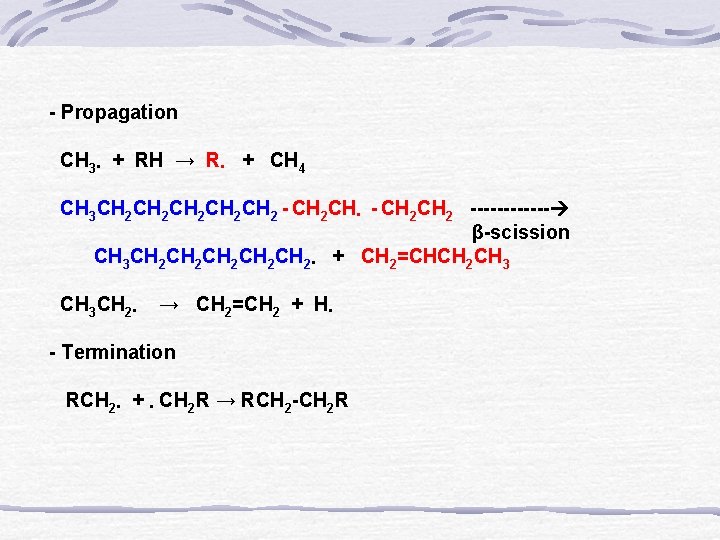 - Propagation CH 3․ + RH → R․ + CH 4 CH 3 CH