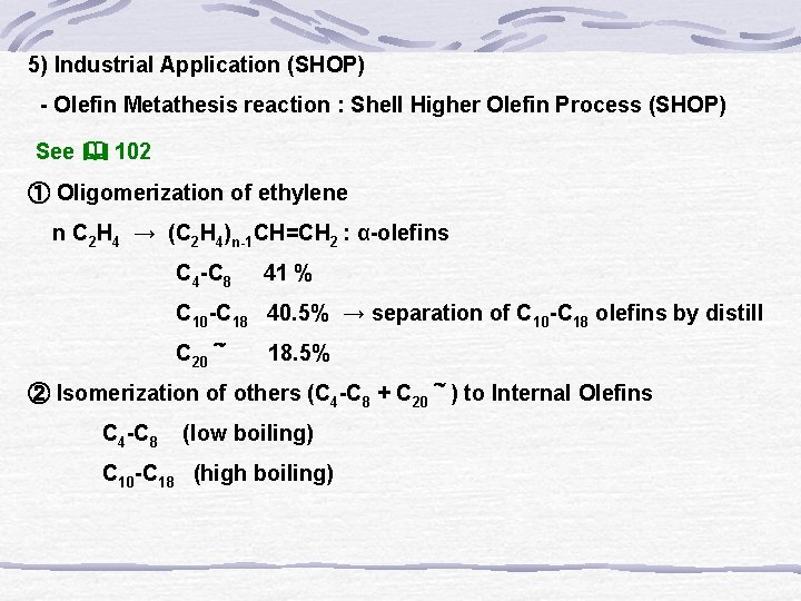 5) Industrial Application (SHOP) - Olefin Metathesis reaction : Shell Higher Olefin Process (SHOP)