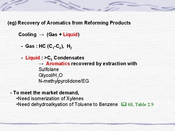  (eg) Recovery of Aromatics from Reforming Products Cooling → (Gas + Liquid) -