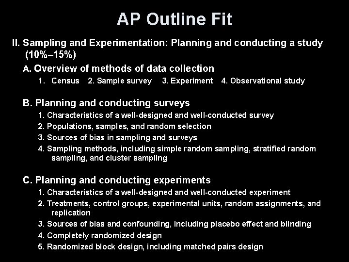 AP Outline Fit II. Sampling and Experimentation: Planning and conducting a study (10%– 15%)