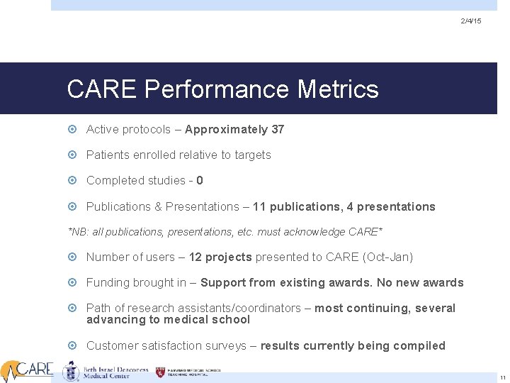 2/4/15 CARE Performance Metrics Active protocols – Approximately 37 Patients enrolled relative to targets 2/4/15 CARE Performance Metrics Active protocols – Approximately 37 Patients enrolled relative to targets