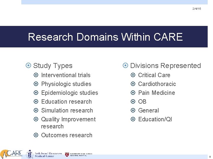 2/4/15 Research Domains Within CARE Study Types Interventional trials Physiologic studies Epidemiologic studies Education