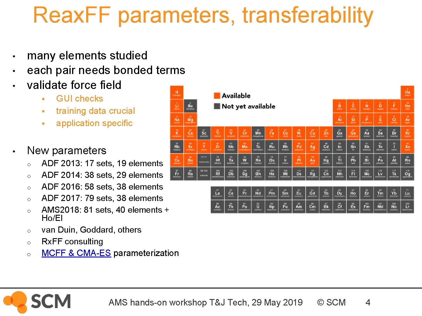 Reax. FF parameters, transferability • • • many elements studied each pair needs bonded