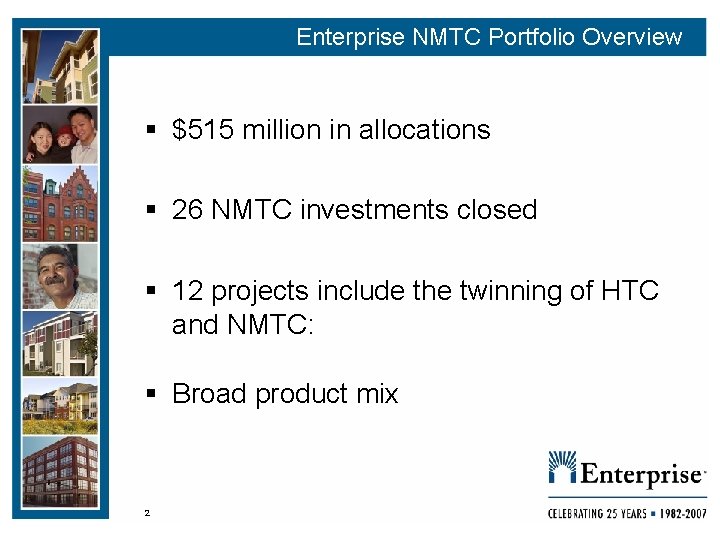 Enterprise NMTC Portfolio Overview § $515 million in allocations § 26 NMTC investments closed
