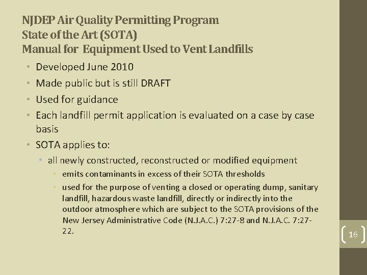 NJDEP Air Quality Permitting Program State of the Art (SOTA) Manual for Equipment Used