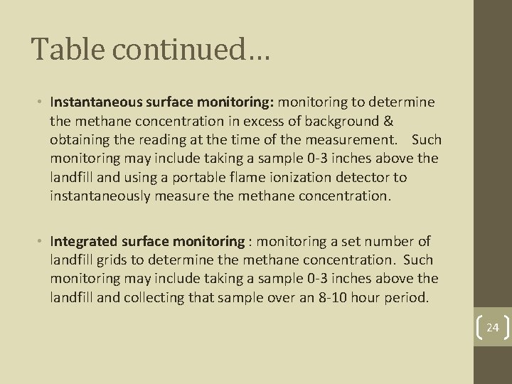 Table continued… • Instantaneous surface monitoring: monitoring to determine the methane concentration in excess