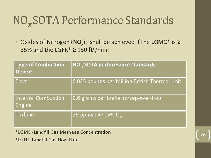 NOx SOTA Performance Standards • Oxides of Nitrogen (NOx): shall be achieved if the