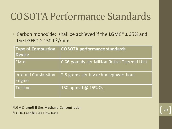 CO SOTA Performance Standards • Carbon monoxide: shall be achieved if the LGMC* ≥