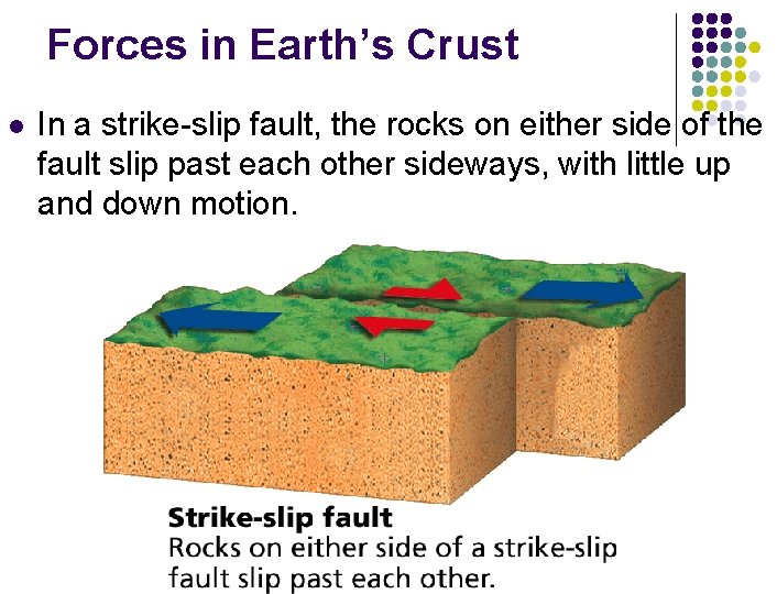 Forces in Earth’s Crust l In a strike-slip fault, the rocks on either side