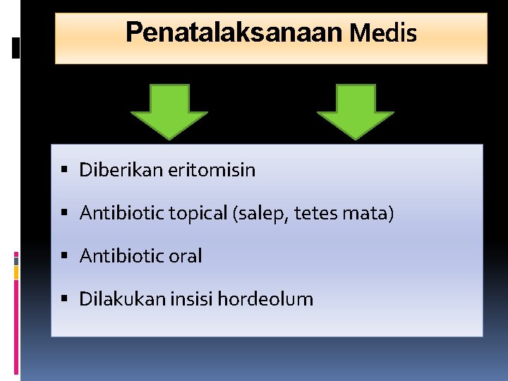 Penatalaksanaan Medis Diberikan eritomisin Antibiotic topical (salep, tetes mata) Antibiotic oral Dilakukan insisi hordeolum