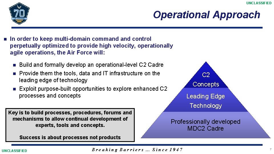 UNCLASSIFIED Operational Approach n In order to keep multi-domain command control perpetually optimized to