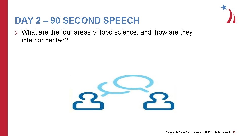 DAY 2 – 90 SECOND SPEECH > What are the four areas of food