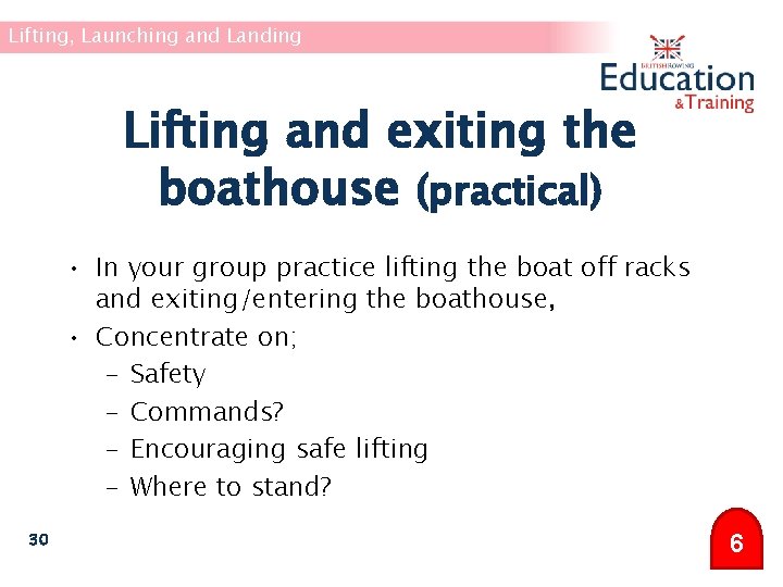 Lifting, Launching and Landing Lifting and exiting the boathouse (practical) • In your group