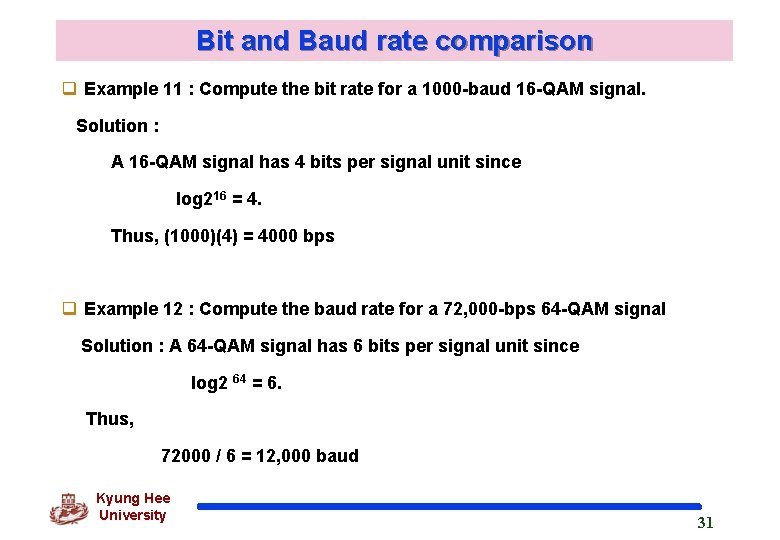 Bit and Baud rate comparison q Example 11 : Compute the bit rate for