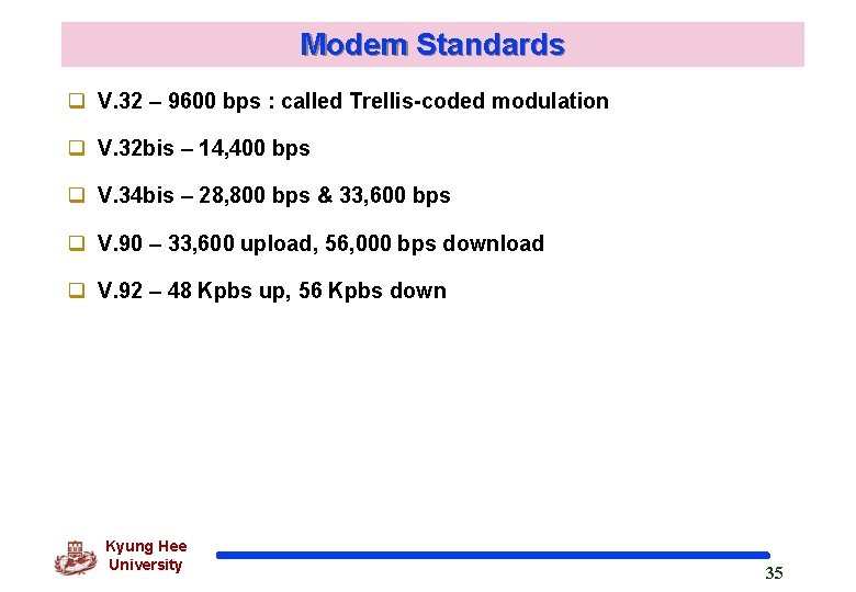 Modem Standards q V. 32 – 9600 bps : called Trellis-coded modulation q V.