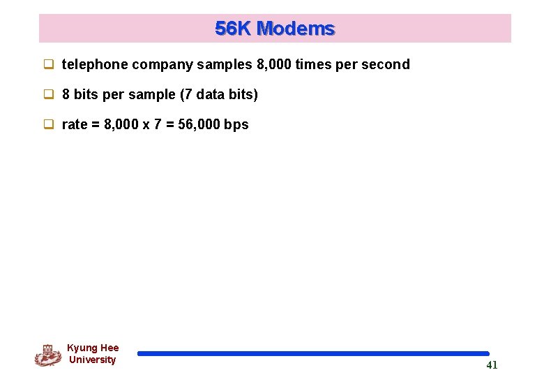 56 K Modems q telephone company samples 8, 000 times per second q 8