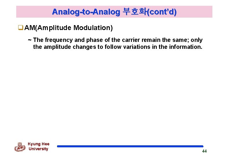 Analog-to-Analog 부호화(cont’d) q. AM(Amplitude Modulation) ~ The frequency and phase of the carrier remain