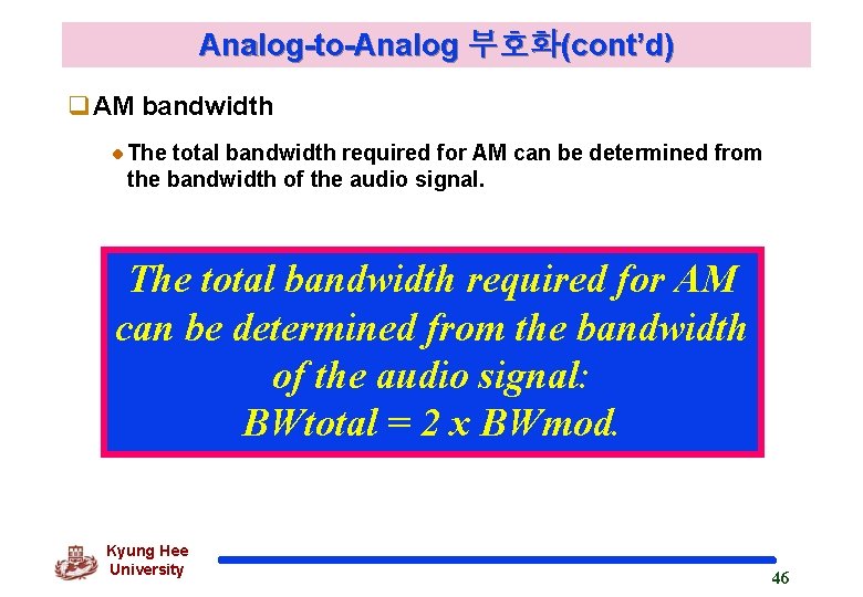 Analog-to-Analog 부호화(cont’d) q. AM bandwidth The total bandwidth required for AM can be determined