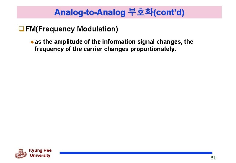 Analog-to-Analog 부호화(cont’d) q. FM(Frequency Modulation) as the amplitude of the information signal changes, the