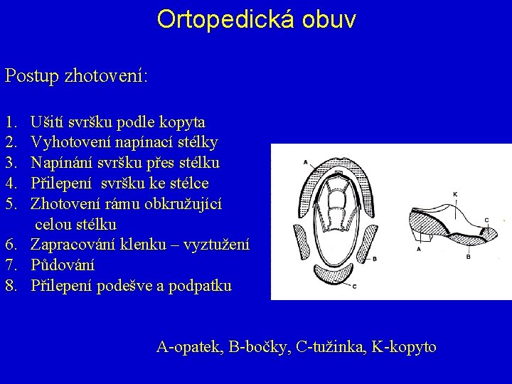 Ortopedická obuv Postup zhotovení: 1. 2. 3. 4. 5. Ušití svršku podle kopyta Vyhotovení