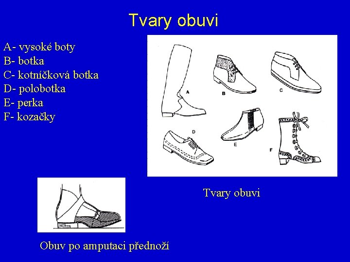 Tvary obuvi A- vysoké boty B- botka C- kotníčková botka D- polobotka E- perka