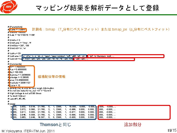マッピング結果を解析データとして登録 # [Parameters] # Name = TSMAP 計測名：tsmap （Te分布にベストフィット）または tsmap_pe（pe分布にベストフィット） # Shot. No =