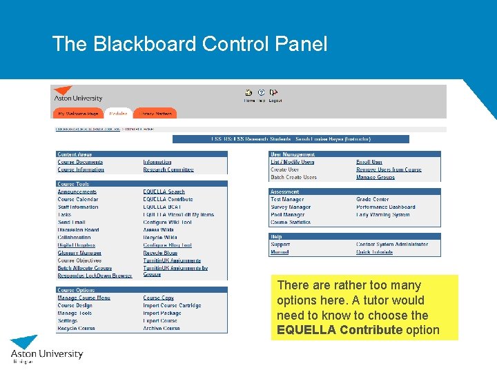 The Blackboard Control Panel There are rather too many options here. A tutor would