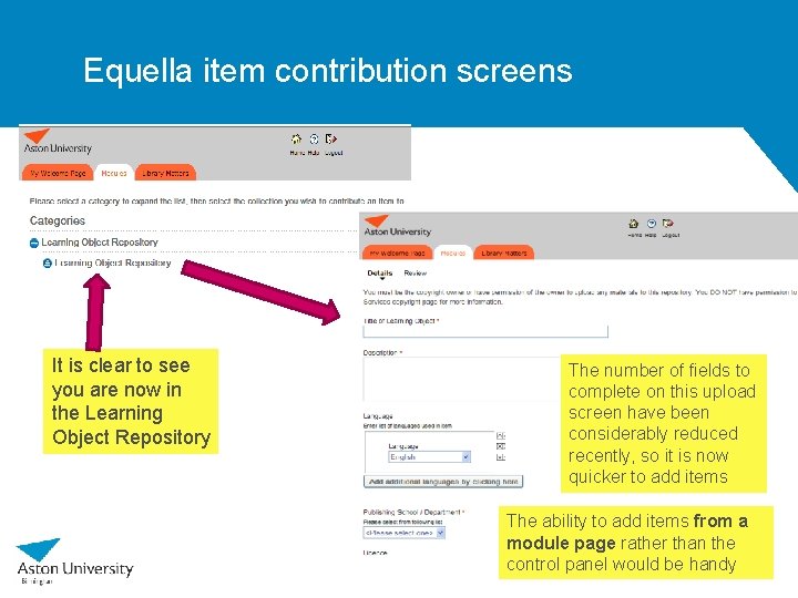 Equella item contribution screens It is clear to see you are now in the