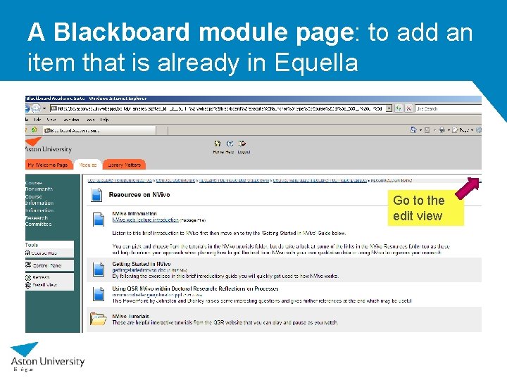 A Blackboard module page: to add an item that is already in Equella Go