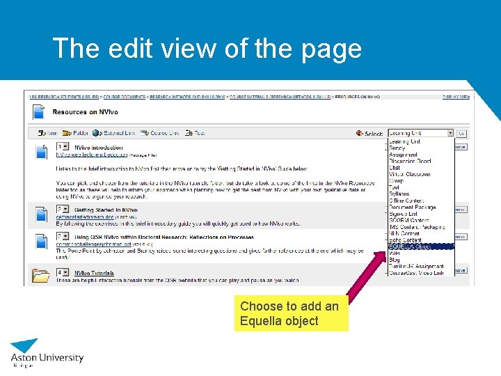 The edit view of the page Choose to add an Equella object 