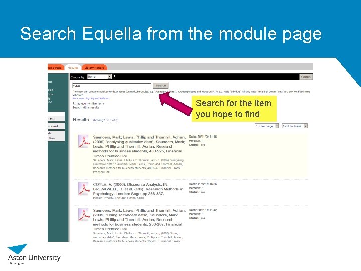 Search Equella from the module page Search for the item you hope to find